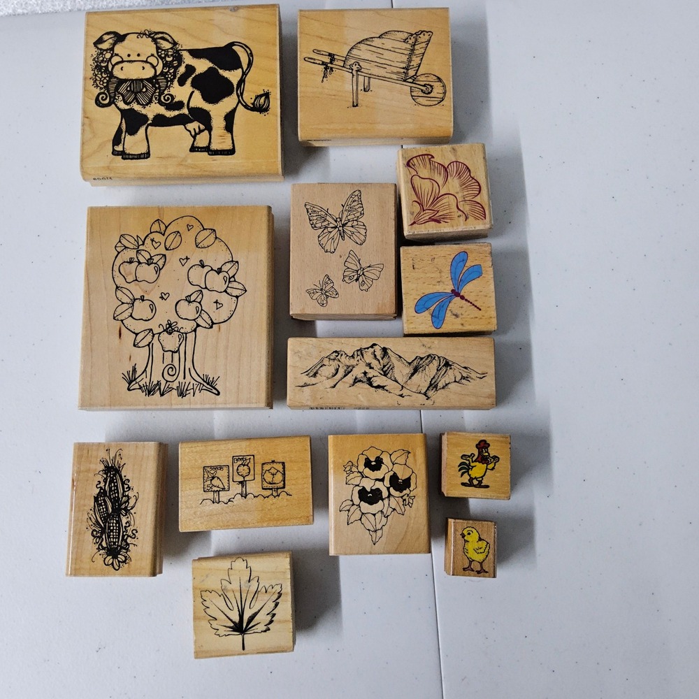 DOTS Studio G‎ Wood Rubber Stamps Lot 12pc Tan Farm Nature Cow Tree Butterfly